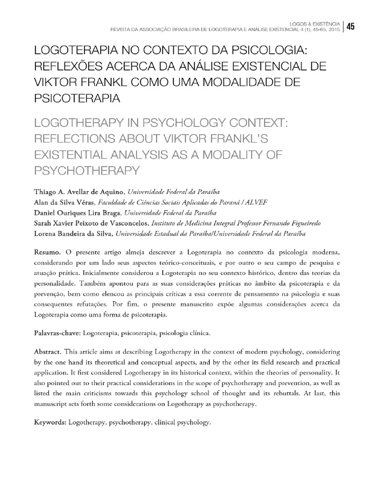 Logoterapia no contexto da psicologia: Reflexões acerca da análise …