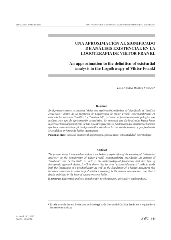 UNA APROXIMACIÓN AL SIGNIFICADO DE ANÁLISIS EXISTENCIAL EN LA …