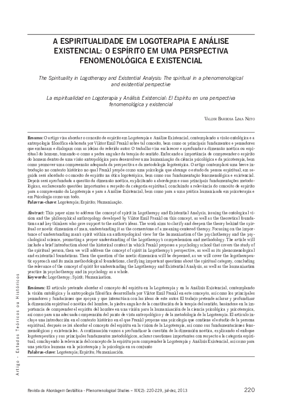 A espiritualidade em logoterapia e análise existencial: o espírito em uma perspectiva fenomenológica e existencial