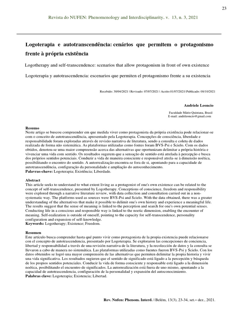 Logoterapia e Autotranscendência: Cenários que Permitem o Protagonismo Frente à Própria Existência | Revista NUFEN: Phenomenology and Interdisciplinarity